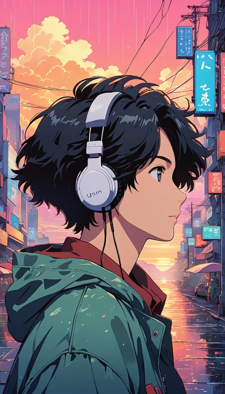 alone, lofi artstyle, lofi art, city, town, 80s anime style, Retro, Lo-Fi, masterpiece, best quality, (extremely detailed CG unity 8k wallpaper), (best quality), (best illustration), (best shadow), absurdres, realistic lighting, (Abyss), beautiful detailed reglow, Headphone, use headphone, use headphone ear, 1boy, black hair, cloud, from side, hood, jacket, male focus, messy hair, outdoors, profile, rain, short hair, sky, solo, sunset, upper body