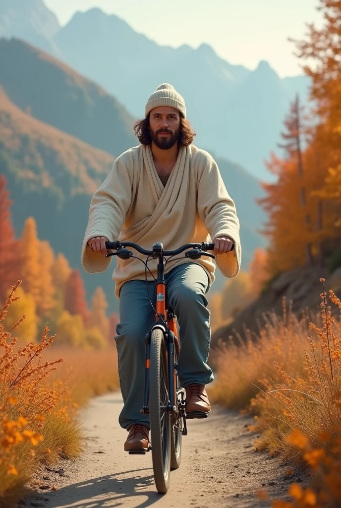 A monk resembling Jesus Christ and Buddha enjoys cycling. They smile and laugh. Jesus is wearing an off-white knit top, jeans and a knit hat on his head. Jesus of Nazareth is depicted as a gentle, gentle man with shoulder-length hair. His wavy brown hair cascades over his shoulders. Buddhist monks also dress like Jesus. The monk laughs with a short nose and slitted eyes. Their faces convey deep wisdom and empathy, and radiate warmth and understanding. Autumn mountain path. You can see a beautiful gradation of mountains colored by autumn leaves. Highly detailed, trending at the art station, sharp focus, studio shot, intricate detail, Greg Rutkowski,