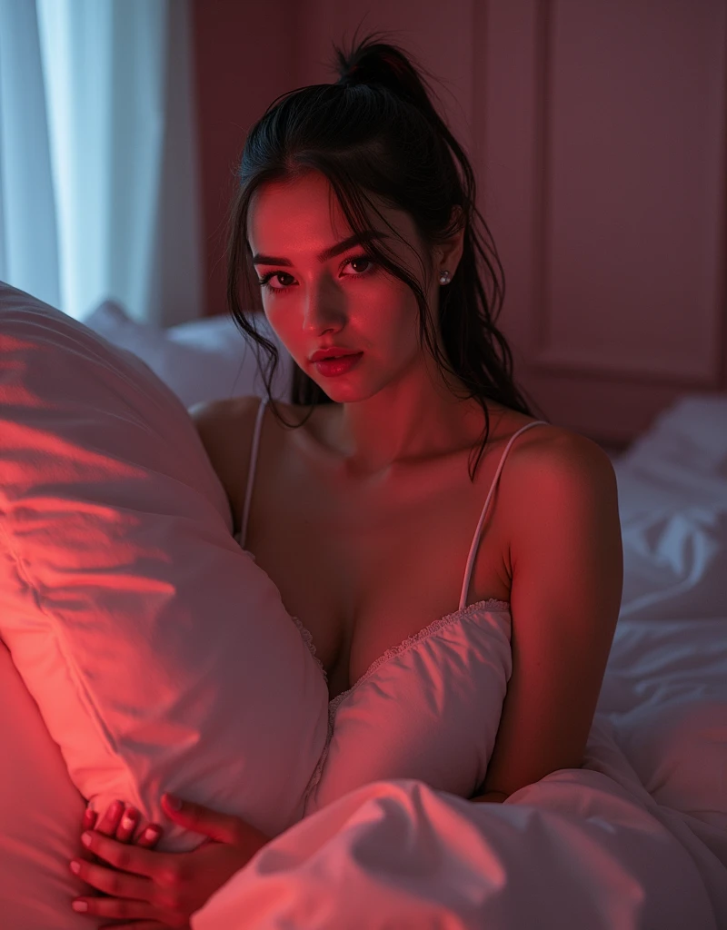 (masterpiece)), ((Highest quality)), ((Genuine)), ((8k)), 1 girl,Wet hair、nsfw,Naked brunette russian face woman sitting on the bed, Hug a big pillow "ahu tatlitug" It is written there, Her huge breasts are hidden by the pillow, Her cleavage was exposed, Looking at the audience, Full Body Shot, Cinema Lighting, Shine, neon, information,sexly、brunette russian, 24-years-old, so beautiful, cute, model,thin, model, Sony SLR Photograph, bionde, Long Hair,Center Part,background Genuineistic, photograph, she is name ahu 20 years old (brunette) ,(tall woman),(long legs),single woman, chest 80 waist 60 hip 80 , G30, tall woman,her cleavage exposed, looking at the viewer, full body shot, movie lighting, glow, neon,.RAW, Nikon Z 85mm, award-winning glamor photography, ((best quality)), ((masterpiece)), ((realistic)), (long brunette hair), hazel eyes,intricate details, highly detailed, sharp focus, professional, stunning hazel eyes, delicate, innocent, high resolution, detailed facial features, high detail, sharp focus, soft , aesthetic, extremely detailed, photo_\(ultra\), photorealistic, realistic, topless,post-processing, tied her hair up in a ponytail,maximum detail, real life, ultra-realistic, photorealism, photography, 8k uhd, photography, russian face