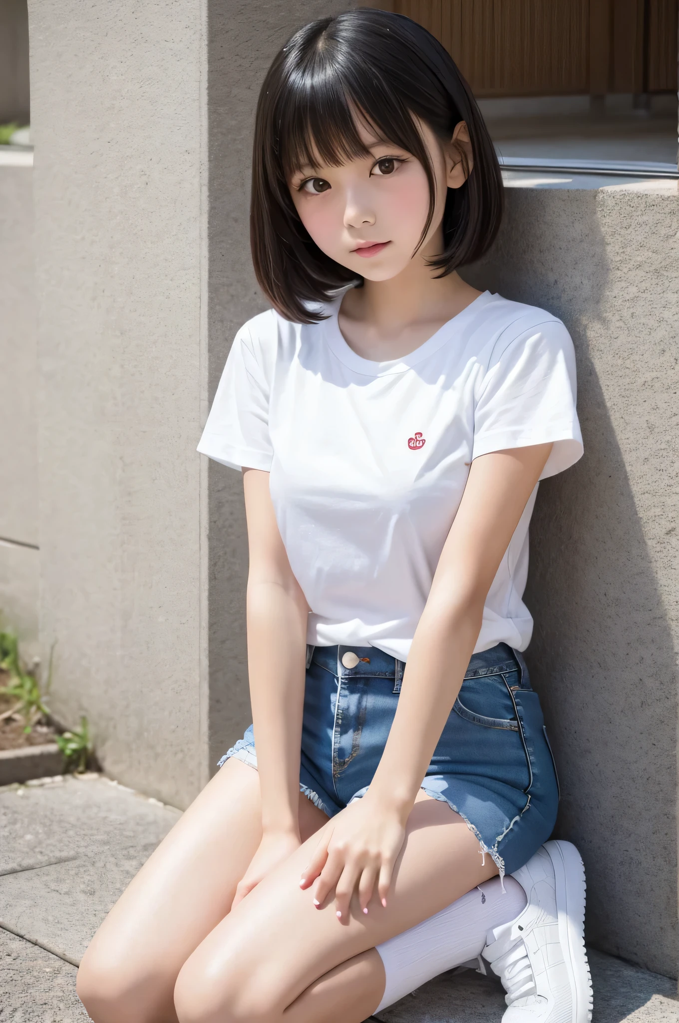 Beautiful girls dressed as 1970s Japanese elementary school students.,she is cute and beautiful like an idol.,She is pure and innocent.,She is wearing a white T-shirt,Extremely short, tight, and skinny denim shorts,High socks and sneakers.Japanese,Black short bob
