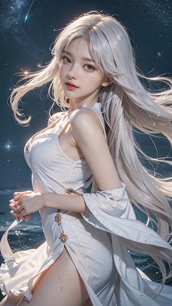 anime girl with long white hair and a star in her hair, white haired deity, anime girl with cosmic hair, star(sky) starry_sky, anime visual of a cute girl, splash art anime , white glowing aura, girl with white hair, ethereal anime, akasuki voidstar, celestial aura, nightcore, anime moe artstyle