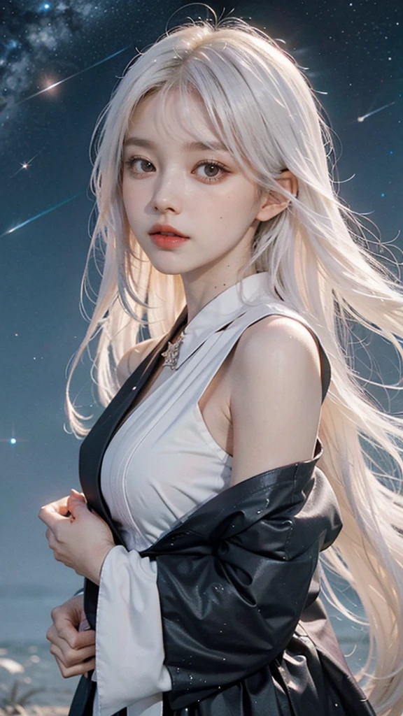 anime girl with long white hair and a star in her hair, white haired deity, anime girl with cosmic hair, star(sky) starry_sky, anime visual of a cute girl, splash art anime , white glowing aura, girl with white hair, ethereal anime, akasuki voidstar, celestial aura, nightcore, anime moe artstyle