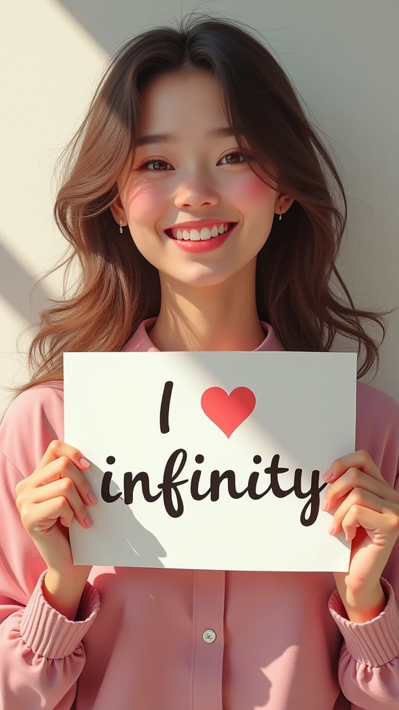 a beautiful and cute woman holding up a sign "i love infinity", joyful, happy, anime illustration, photorealistic, oil painting