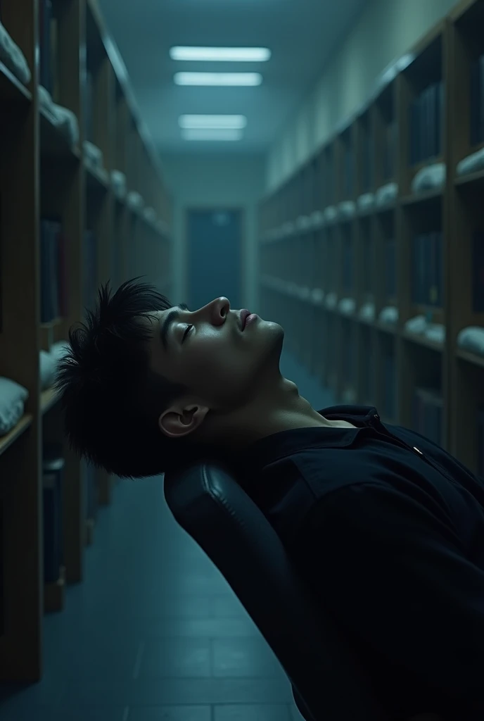 A male student in the dormitory，Lying on a chair，Head back，Fell asleep，Backlight，，large panorama，The person is far from the camera，Side look，Low Angle of View，reality。