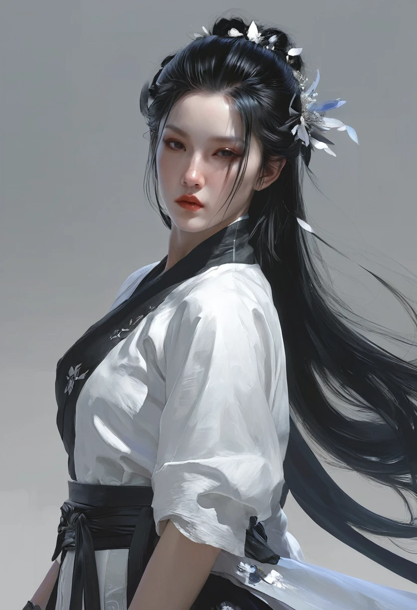 A woman with black hair and white skin, artwork in the style of Gu Weiss, Gu Weiss, the style of WLOP, ross tran and WLOP, Inspired by WLOP, Eve Ventro, in style of WLOP, WLOP and ross tran, Pan Chengwei on artstation, best on WLOP, WLOP |，A long sword hangs from his waist