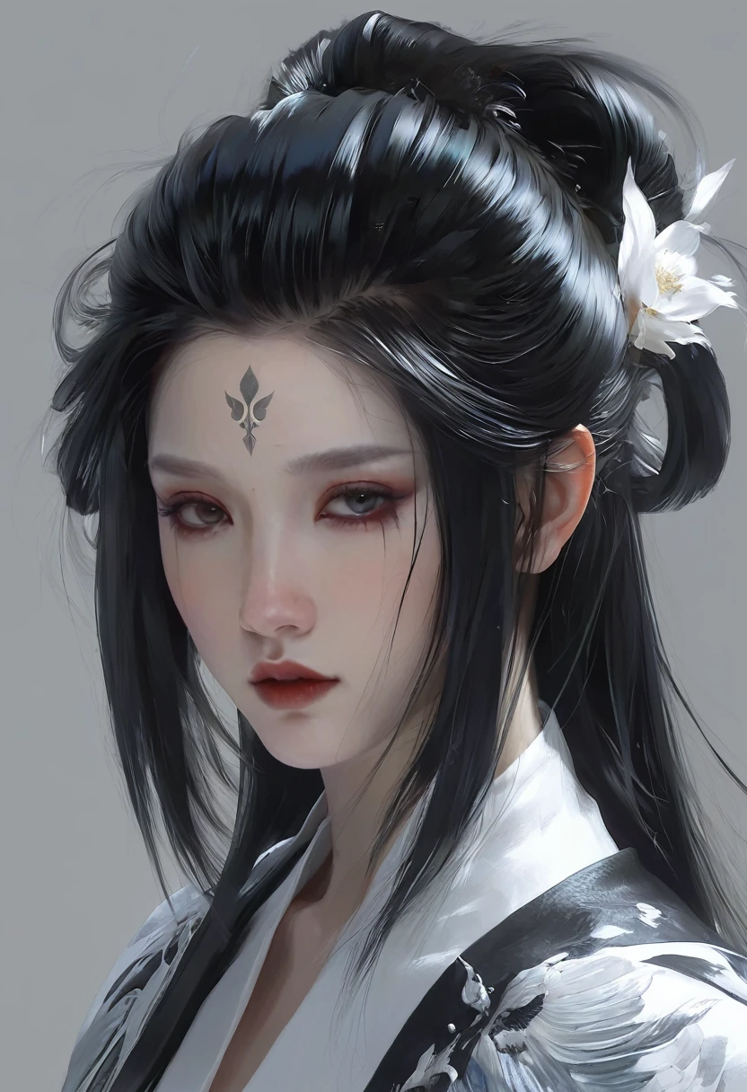 A woman with black hair and white skin, artwork in the style of Gu Weiss, Gu Weiss, the style of WLOP, ross tran and WLOP, Inspired by WLOP, Eve Ventro, in style of WLOP, WLOP and ross tran, Pan Chengwei on artstation, best on WLOP, WLOP |,A long sword hangs from his waist