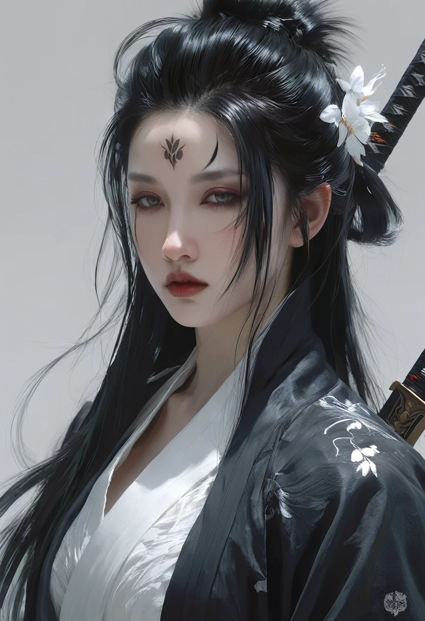 A woman with black hair and white skin, artwork in the style of Gu Weiss, Gu Weiss, the style of WLOP, ross tran and WLOP, Inspired by WLOP, Eve Ventro, in style of WLOP, WLOP and ross tran, Pan Chengwei on artstation, best on WLOP, WLOP |,A long sword hangs from his waist