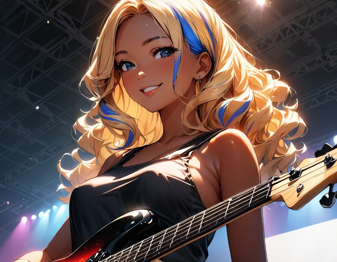(highest quality:1.2, Very detailed, up to date, Vibrant, Ultra-high resolution, High Contrast, masterpiece:1.2, highest quality, Best aesthetics), Portraiture、girl、((25-years-old:1.5)), slim, (blacktank top), jeans, Bright colors、Beautiful fine details、Beautiful lip detail、extra short hair, ((wavy hair:1.3))、messy hair, blonde and blue ((streaked hair:1.5)), highlights hair: 1.3, medium breast, (tan skin:1.3), ((Playing electric bass:1)), Fender bass, smile, Rehearsing for a concert:1, on stage, ((upper body:1.5)),