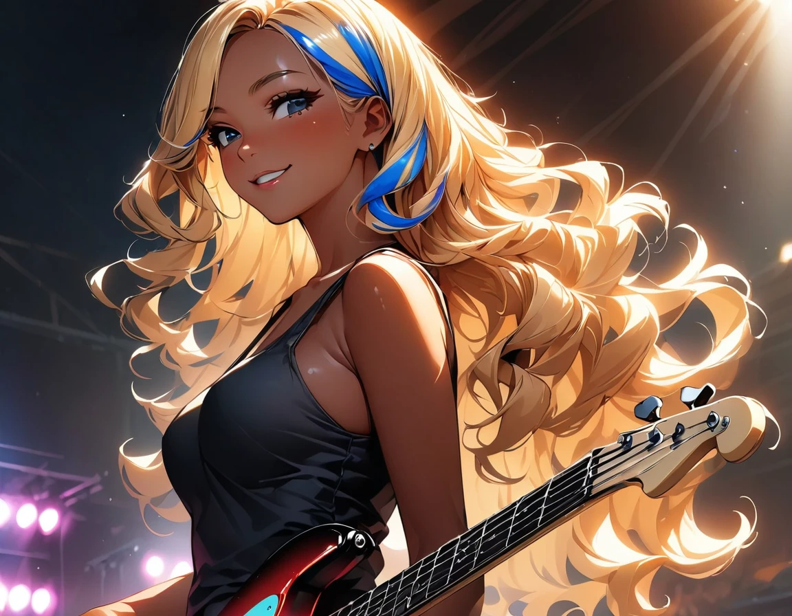 (highest quality:1.2, Very detailed, up to date, Vibrant, Ultra-high resolution, High Contrast, masterpiece:1.2, highest quality, Best aesthetics), Portraiture、girl、((25-years-old:1.5)), slim, (blacktank top), jeans, Bright colors、Beautiful fine details、Beautiful lip detail、extra short hair, ((wavy hair:1.3))、messy hair, blonde and blue ((streaked hair:1.5)), highlights hair: 1.3, medium breast, (tan skin:1.3), ((Playing electric bass:1)), Fender bass, smile, Rehearsing for a concert:1, on stage, ((upper body:1.5)),