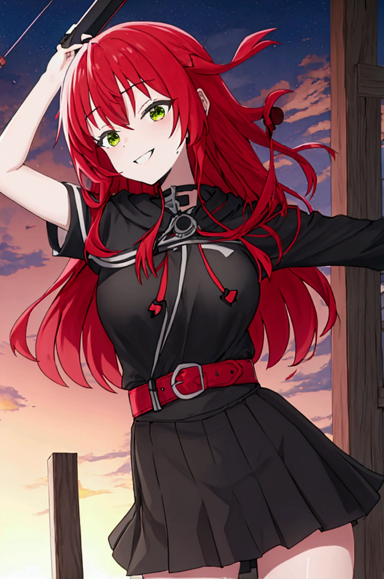masterpiece,1girl, sparrow, a crimson haired girl, wearing a assassin clothes, curly long hair, messy hair, black skirt, slim body, black capelet, medium breasts, shirt ornament, ppai, evil expression, beautiful breasts, rounded breasts, green eyes, dress, miniskirt, she is sleeping at desert, ahoge, she wearing her hoody, smiling, black horns