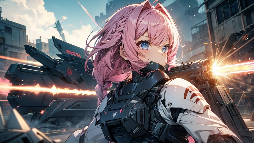 Girl、cute、soldier、Heavy equipment、rifle、gun、Rocket Launcher、Heavily armed、Mecha body、Strengthen the outer frame、Random cool poses、Pink Hair、Bob Hair、Braid、Big eyes、Close your mouth、battlefield、Exploding Background、Beautiful depiction、gun弾が飛び交う、Near future、Body Armor、Jetpack、Hair fluttering in the wind、Giant Robot