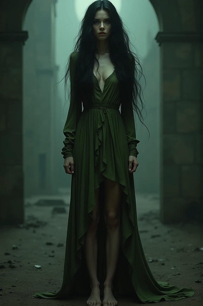 witch lady dark long hair, faded green dress she is barefoot