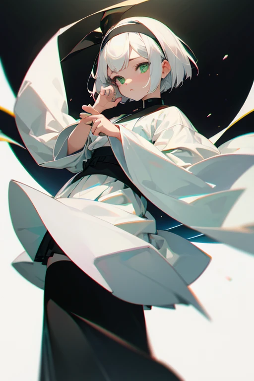 White Bob、Green Eyes、White clothing、Black Skirt、Black headband、woman、child