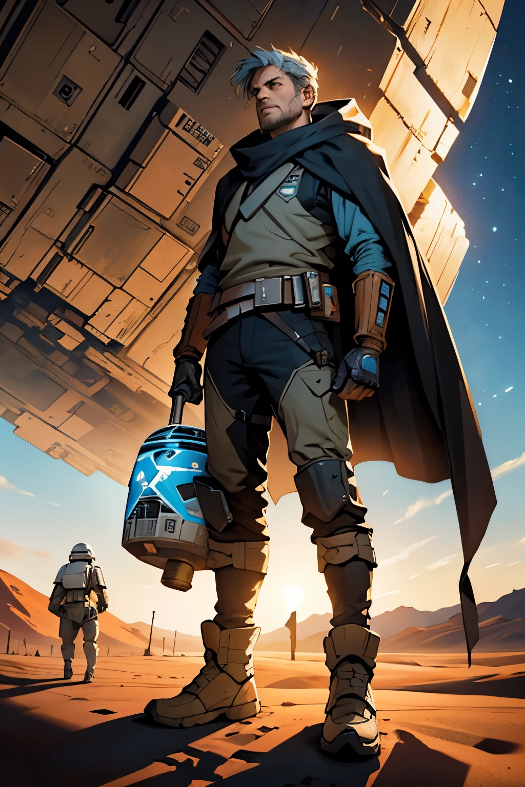 An 28 years old guy, standing in desert big planet at sky, wearing bounty hunter metal outfit, star wars vibe, detailed, 16k