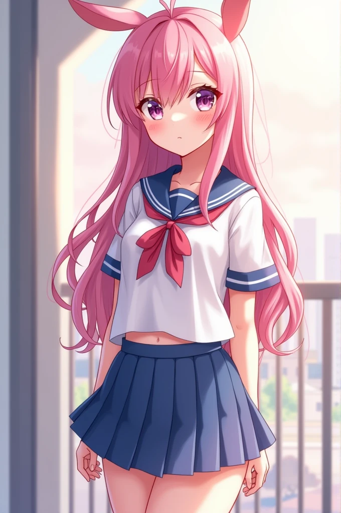 Tsundere, Pink hair, wearing a white school uniform, blue skirt, blushing cheeks, white skin, cute, anime style