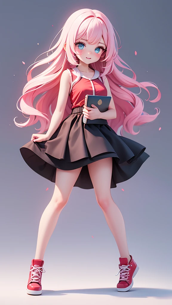 A cute fit 18 year old woman with long black-to-blue gradient hair, bright and reflective blue eyes. white spaghetti fit shirt.  pink hair, fair skin, and long, beautiful legs that match her red shoes. She was wearing a knee-length, see-through red-white dress. She sit in the White background Studio. She is holding book , full body 4k, Front view.