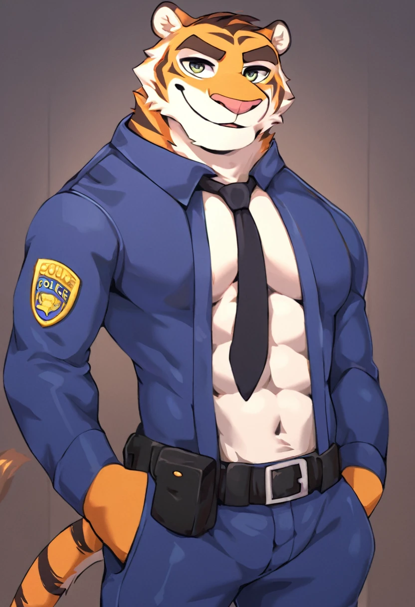 Zootopia cartoon, furry tiger police officer Fangmeyer, tall, slender, handsome, extremely beautiful face, muscular body, gentle look, blue police uniform, sexy, hot, smile
