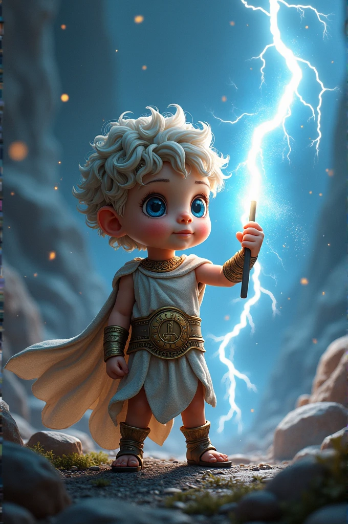Fais un demi dieux( humain) tout petit en taille qui tiens l'éclair de zeus dans sa main