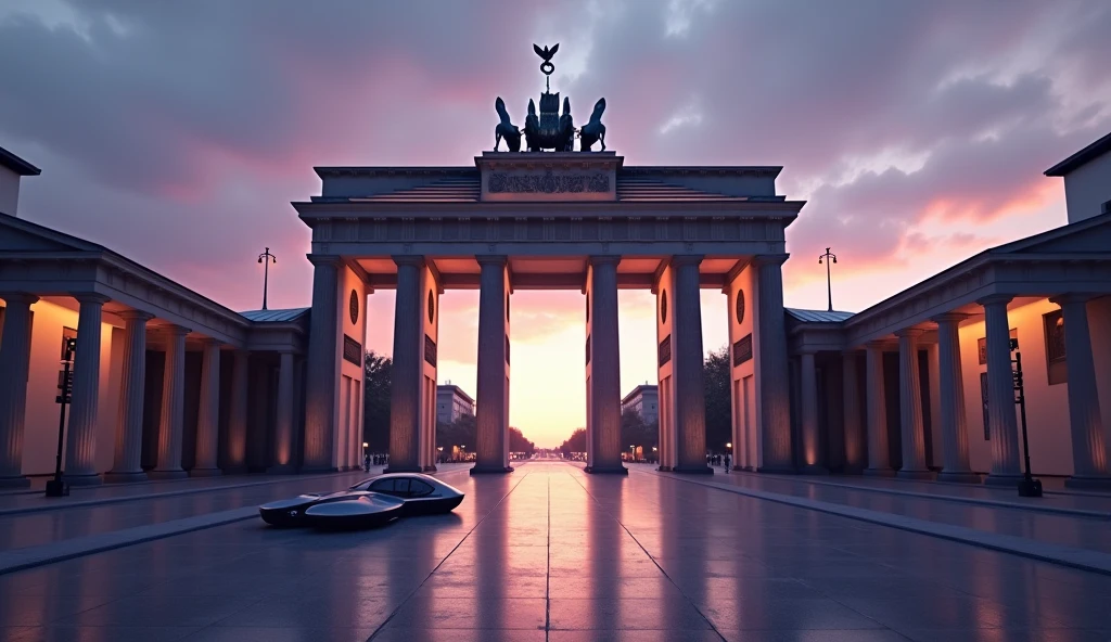 The square in front of the Brandenburg Gate without people in a dramatic future-like background in the twilight