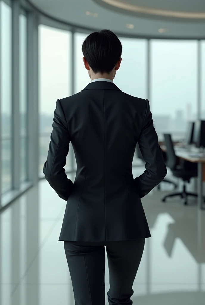 Athletic woman in short black hair with a executive attire in back view no face
