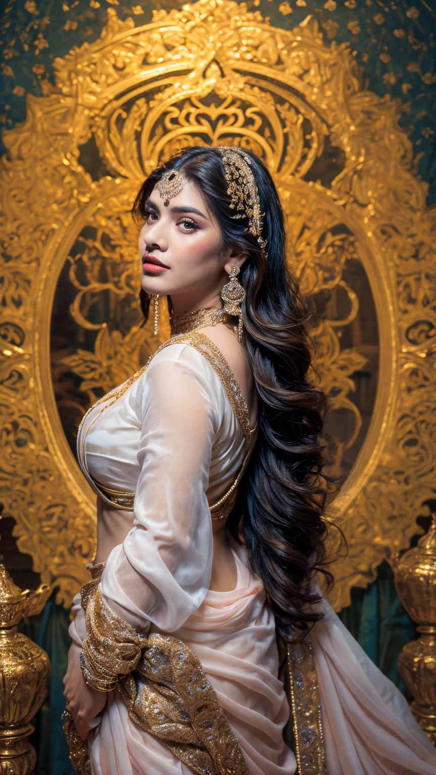 ((Best quality, 8k, Masterpiece :1.3)), Sharp focus :1.2, Generate a realistic image of a beautiful sexy Indian woman plus size body: 8.5 dressed in a white Kasava saree, adorned with traditional ornaments, standing in a well-lit room with cinematic lighting. ((Front view, random elegant pose)), and there is a sense of grace and elegance in her posture. The background should complement the scene, enhancing the overall aesthetic appeal of the image. Photography by Brandon Woelfel, Full shot: Canon EF 16-35mm f/2.8L III USM lens on a Canon EOS 9D Mark IV camera, ultra realistic, 64k, HD