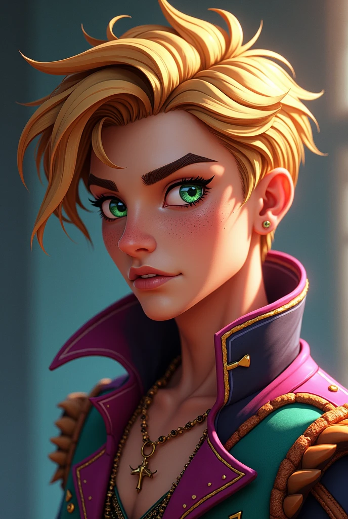 Imagem do filho da Briar Beauty e da Ashlynn Ella de Ever After High: A boy, a sexy ager with golden hair, light brown skin with freckles, greeneyes, dark pink outfit with aqua green and pumpkin and rose elements on the outfit