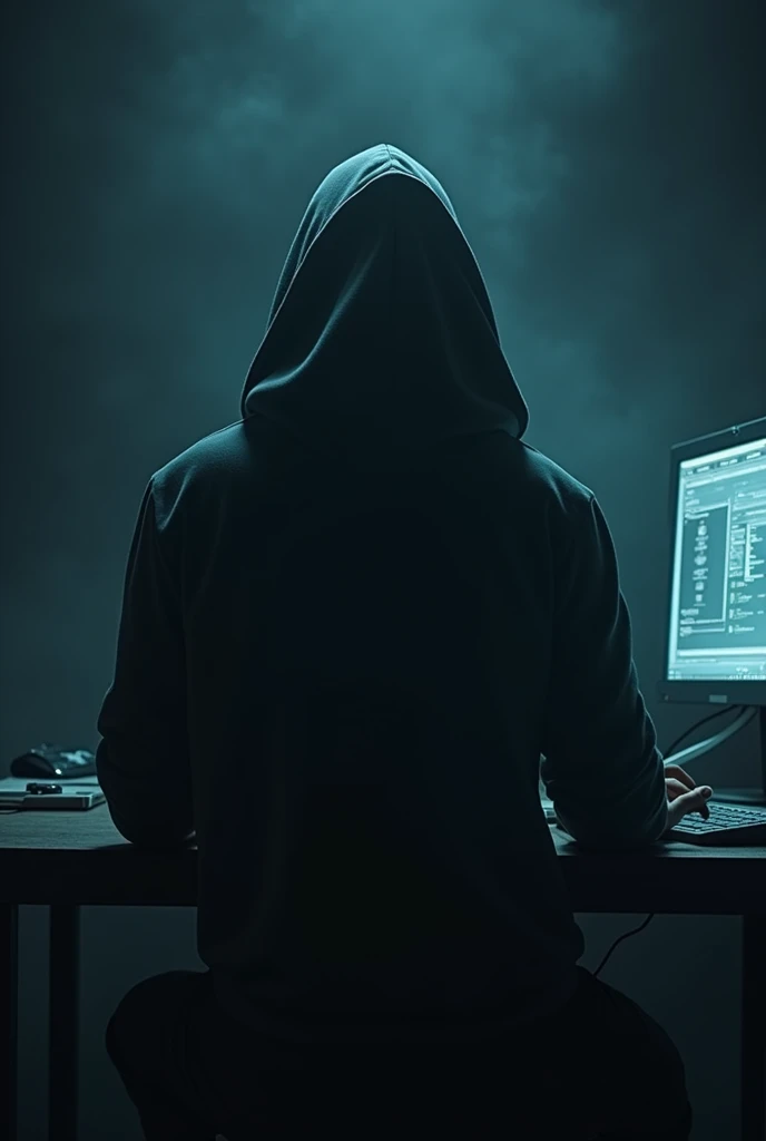 A young hooded man, no face, sit in front of computer, in light dark room background
