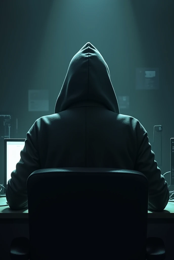 A young hooded man, no face, sit in front of computer, in light dark room background