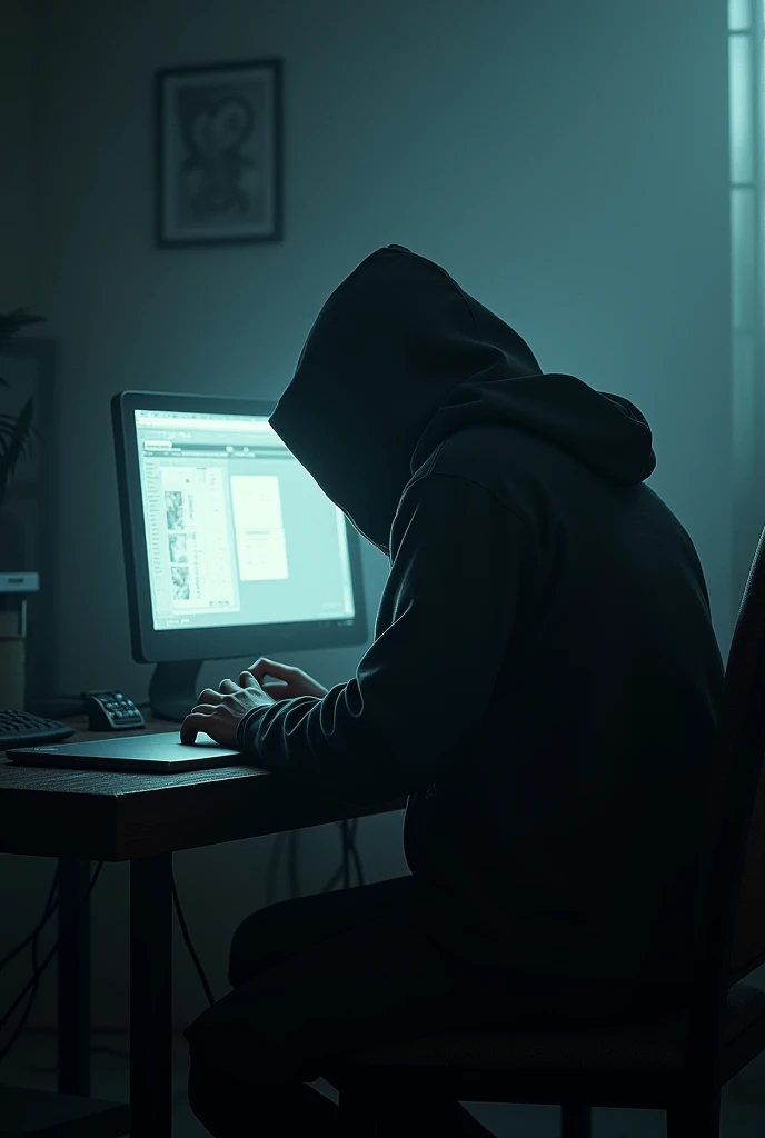 A young hooded man, no face, sit in front of computer, in light dark room background