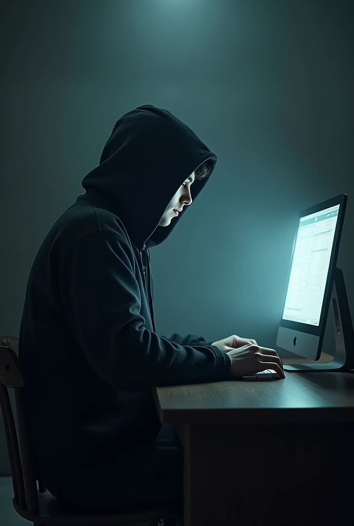 A young hooded man, no face, sit in front of computer, in light dark room background