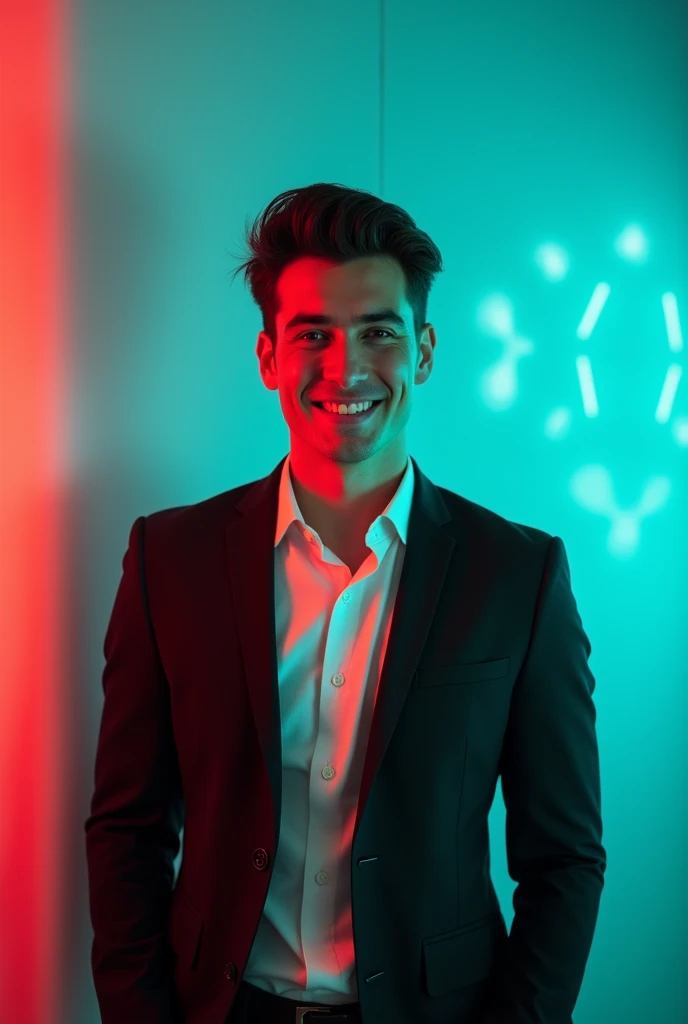 A young man with dark hair and a confident smile. He is dressed in a black blazer over a white shirt. The man is positioned against aqua colour backdrop with a subtle red lighting on the left side. ৭,৮৯০ and he posing for LinkedIn profile