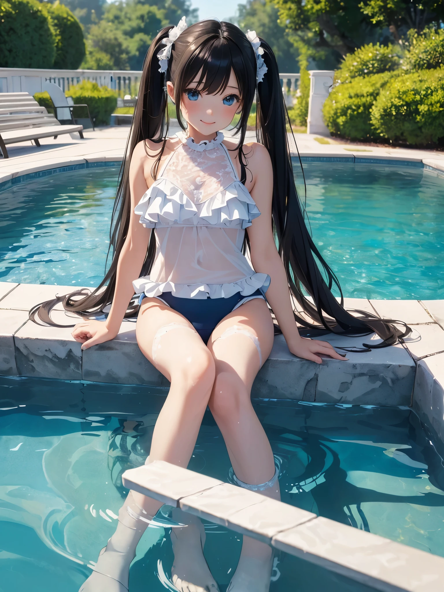 ((masterpiece)), ((highest quality、Ultra high definition)), (Very detailed),8k、Photo quality、((Amazingly cute girl)),-yeld gi), Two people, , (Beautiful emerald blue eyes), ((smile、Small breasts)),In the open-air bath overlooking the sea, Beautifully arranged black hair in twin tails、Slim Body、(((Cute swimsuit with lace and frills)))、Professional Lighting、(White lace knee-highore detailed and beautiful)、(More details and cutenesore realistic)、((Just wear light clothing))、Frolic in the pool、((unbelievably cute))、((A cute pose))、((Front and back view))、