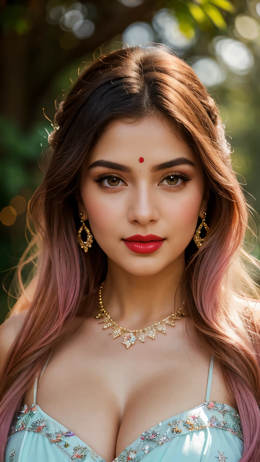 perfect pink eyes, fantastic face, Indian, beautiful look, ((red lips, bright eyes, curve heir 1.5)), ((beautiful details very big breast )), (Straight round and ultra huge clevage, not sagging breast), A glorious gorgeous, glorious gorgeous face, pretty face, bright eyes, detailed elegant printed red saree, updo elegant hair, blurred gray tones background, ultra focus, face ilumined, face detailed, 8k resolution, painted, dry brush, brush strokes, razumov style and garmash style, by Tokaito, (fluorescent colours:1.4),(semi transparent:1.4),(retro filters:1.4),(fanciful:1.4),Candy World Disneyland Ethereal Soft Fluffy Soft Landscape Forest Snowflake Pale Pink Sky Green Blue Sparkling Ethereal Light Soft Whimsical Light Rainbow Stars Diamond Sparkle Gemstone Background Ultra Realistic Ultra High Quality Cinematic Lighting Huge Details Full HD Painting Plenty of light,diagonal bangs, Dress with collar,side masterpiece, best qualityer,realskin,(sportrait:1.5), 1girll, bluntbangs, long whitr hair,