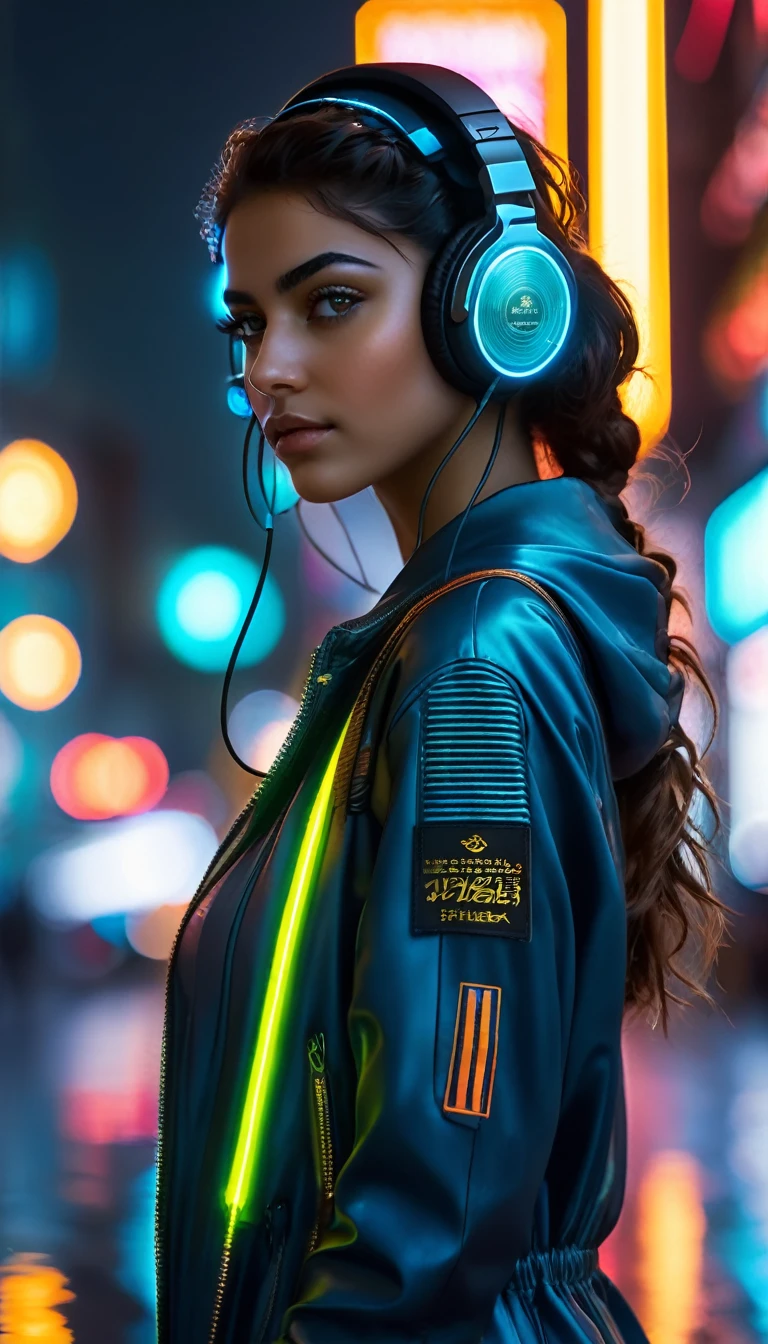 cyberpunk Persian girl, glowing wires, headphone, dark city, reflective puddles, neon signs,, Photorealistic, Hyperrealistic, Hyperdetailed, analog style, soft lighting, subsurface scattering, realistic, heavy shadow, masterpiece, best quality, ultra realistic, 8k, golden ratio, Intricate, High Detail, film photography, soft focus, RAW candid cinema, 16mm, color graded portra 400 film, remarkable color, ultra realistic,