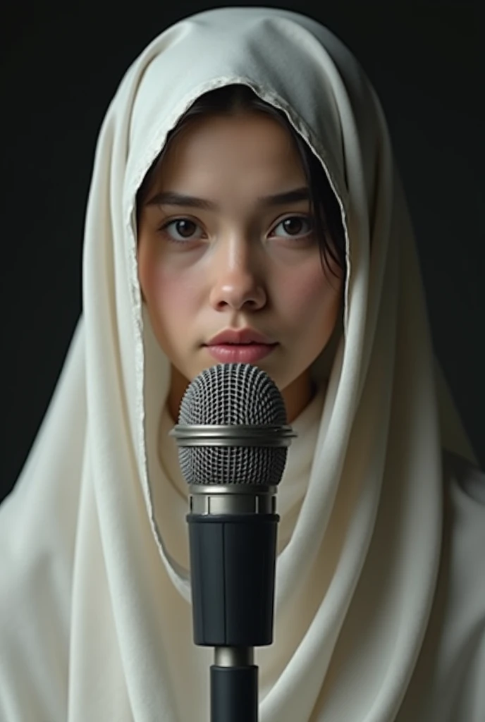 I want to create a young veiled woman with only her face showing,une femme qui est entrain de donner des conseils devant un micro 🎙️ face le caméra