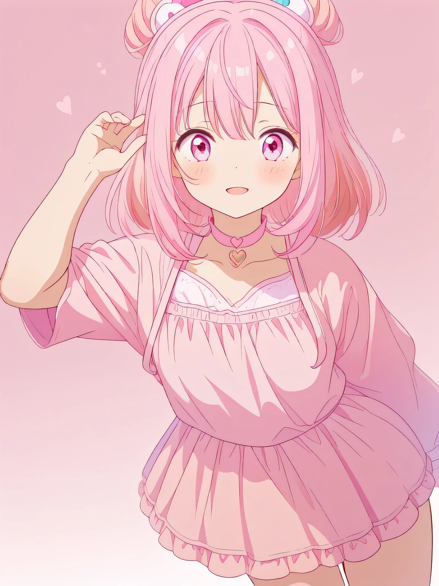 (kawaii and adorable girl:1.2),(pink outfit:1.2),(pink hair:1.3),(pink accessories:1.1),(cute and pink background),(sparkles and hearts:0.9)