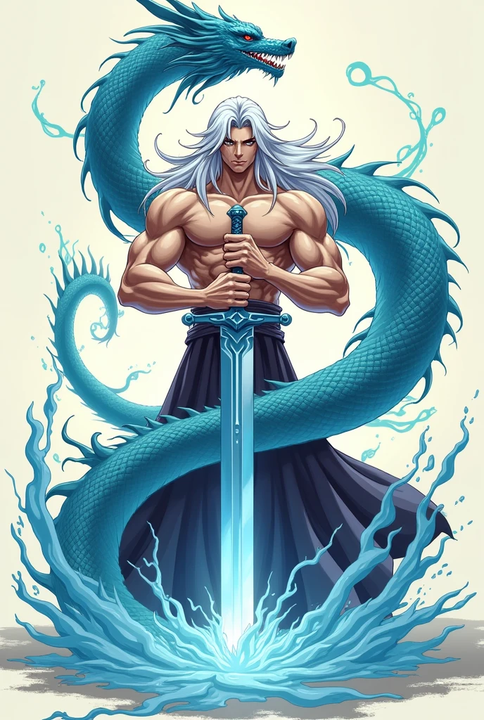 Draw an anime character with bulging muscles in his hand holding a sword around the sword is water, the water is in the shape of a dragon, his hair is Super long and platinum
