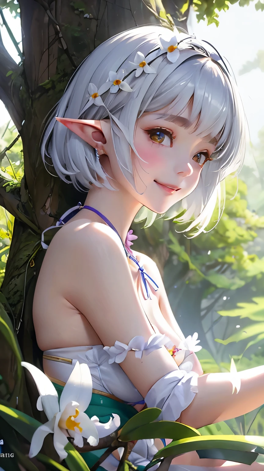 ((Cattleya、Three White Flowers、whole body、))、(Adult elf female sitting on a tree branch、Bobcut、Gray Hair、A kind smile、Blushing cheeks、Small breasts)、Green national costume、Soft Focus、Blur the background、(Highest quality、High resolution、masterpiece)、4K、Real、