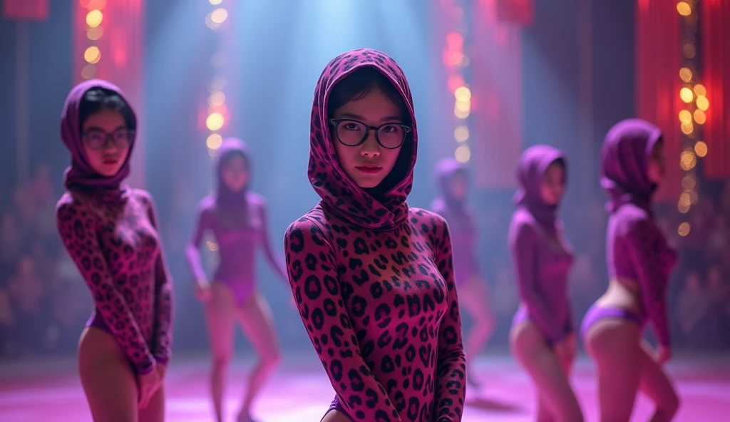 The beautiful and thinest taiwan students with glasses wear purple and pink leopard print lycra elasticity turtleneck unitard catsuit.They always wear hijab-like zentai costume hood made of lycra elasticity.They performs contortion when they are my contortionist.They took part for Mongolian Modern Angels Circus performance(snake convention 90 contortion)