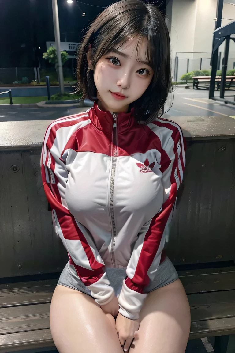 He is wearing a long-sleeved red Adidas tracksuit with a zipper at the front.、Short Hair、Big Breasts