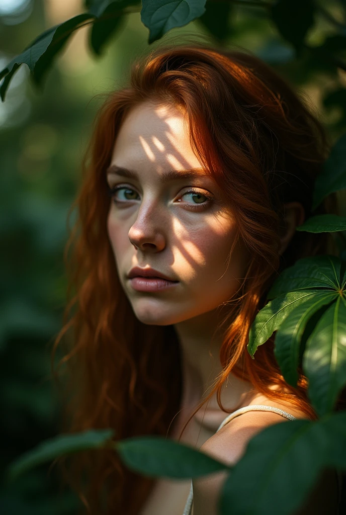 An image focuses on light and shadow on a woman's face in a forest , leaves around, partial glittering rays of light, unique features of the woman, woman has a unique face, ginger, brunette,