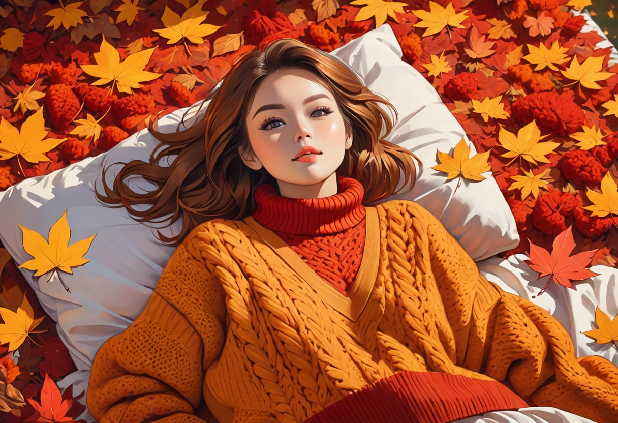 The image shows a person wearing a mustard red knitted sweater lying on a bed of autumn leaves. The leaves in the background are a mix of orange, red and red tones, suggesting the fall season.