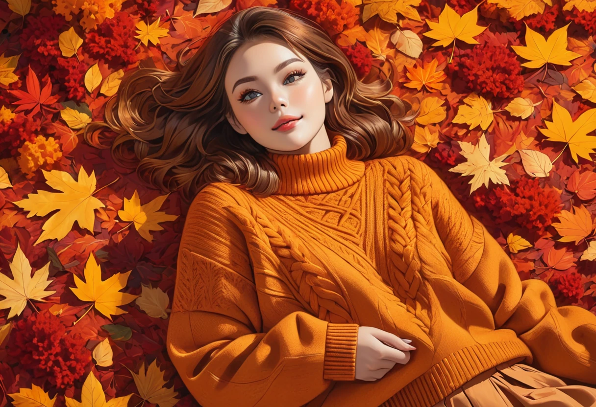 The image shows a person wearing a mustard red knitted sweater lying on a bed of autumn leaves. The leaves in the background are a mix of orange, red and red tones, suggesting the fall season.