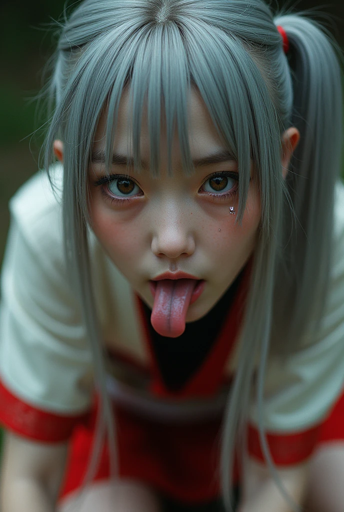 beautiful,Thigh to head,looking at the camera,Tears overflow,Odd Eye,Sticking out tongue,Side Ponytail,Medium Hair,Gray Hair,Miko costume,On all fours