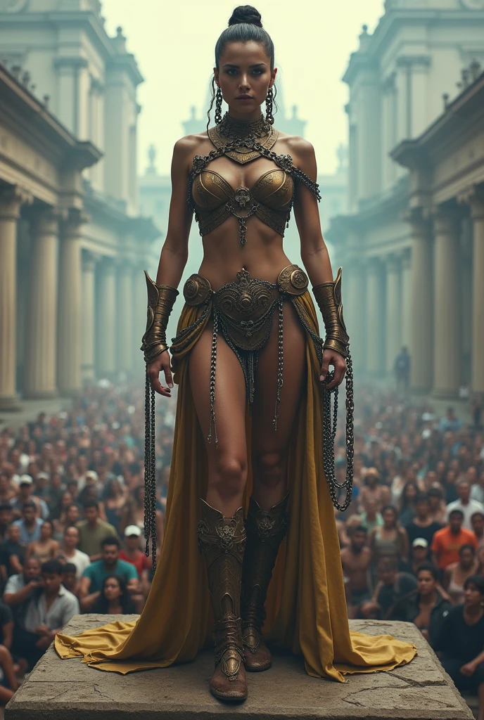 araffeed warrior woman in a chain and harness posing for a picture, a portrait by Eve Ryder, shutterstock, process art, angela white, lisa ann, goddess queen, catwalk, full scene shot, large chain, full body pov, on a bridge, wearing chains, on her throne, demi rose, in front of a large crowd