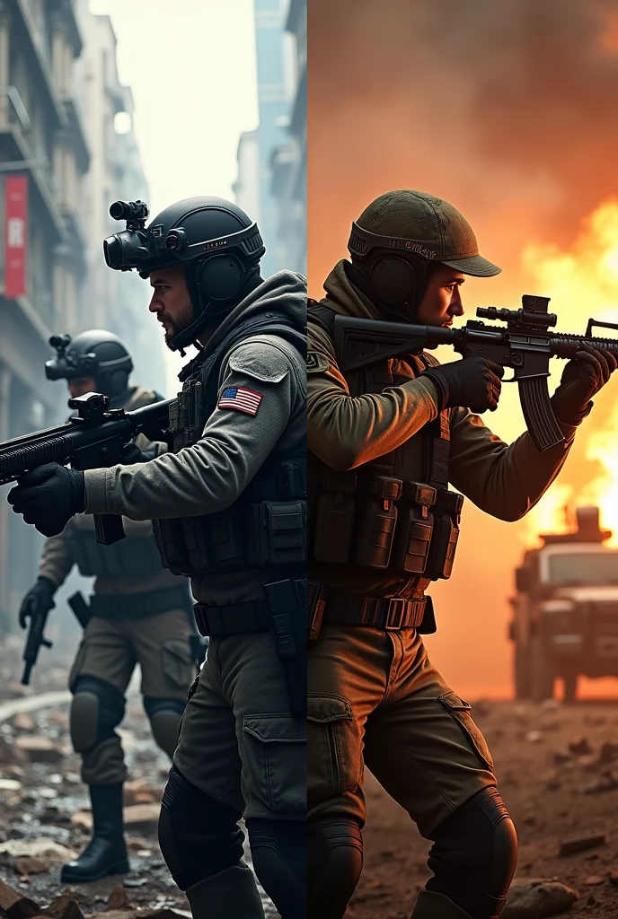 Make an image with at least 2.048 x 1.152 pixels, for a youtube background panel. In it I want you to write( new videos every Tuesday, make a scenario on the left side of Raimbow six and on the right scenario Call of Duty), I want the image to be realistic enough for the audience to be glued to my Zamp do Game channel.