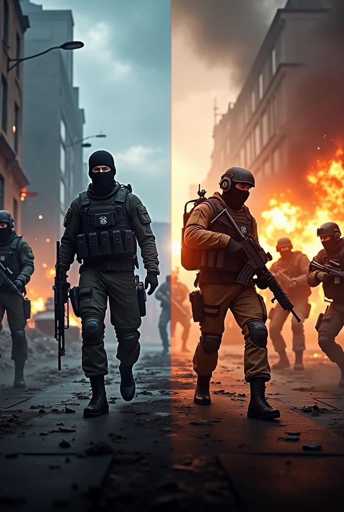 Make an image with at least 2.048 x 1.152 pixels, for a youtube background panel. In it I want you to write( new videos every Tuesday, make a scenario on the left side of Raimbow six and on the right scenario Call of Duty), I want the image to be realistic enough for the audience to be glued to my Zamp do Game channel.
