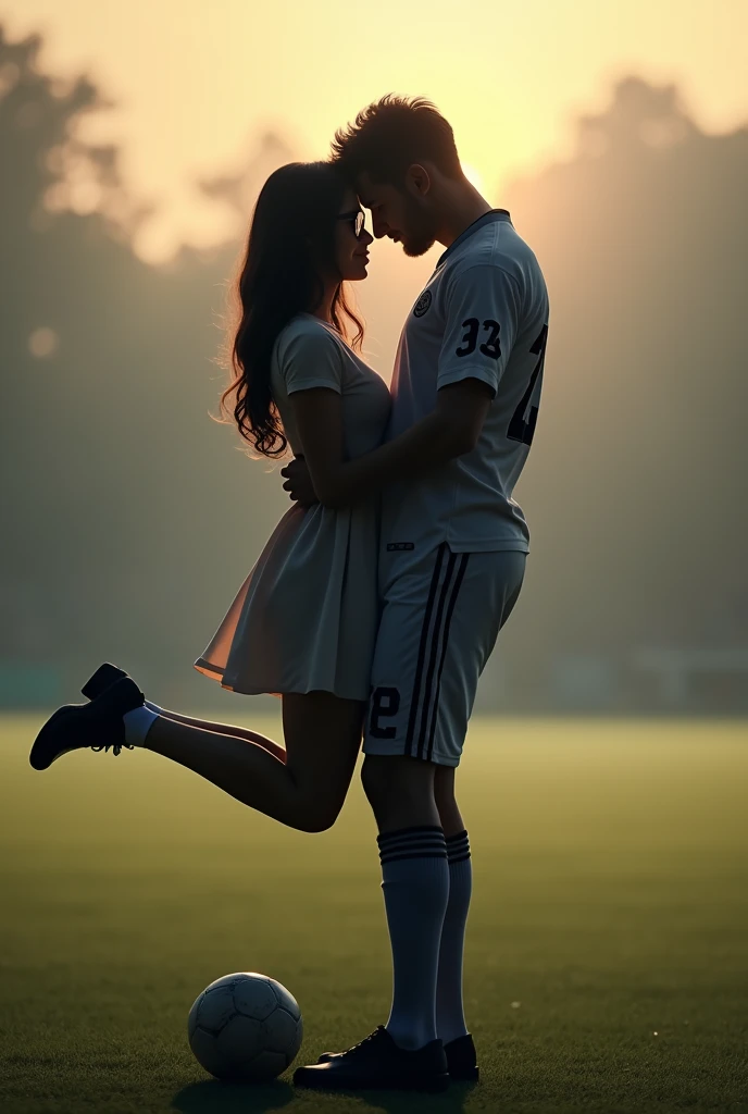 A man and woman standing in football ground. resting forehead on eachother. man is wearing 32 number jersey. Woman is wearing a dress and glasses.she has black . A soccer ball is near man s feet and his foot resting on soccer ball . Make angle that man and woman not showing their faces. man is 1 feet taller than woman .man pick up girl from legs