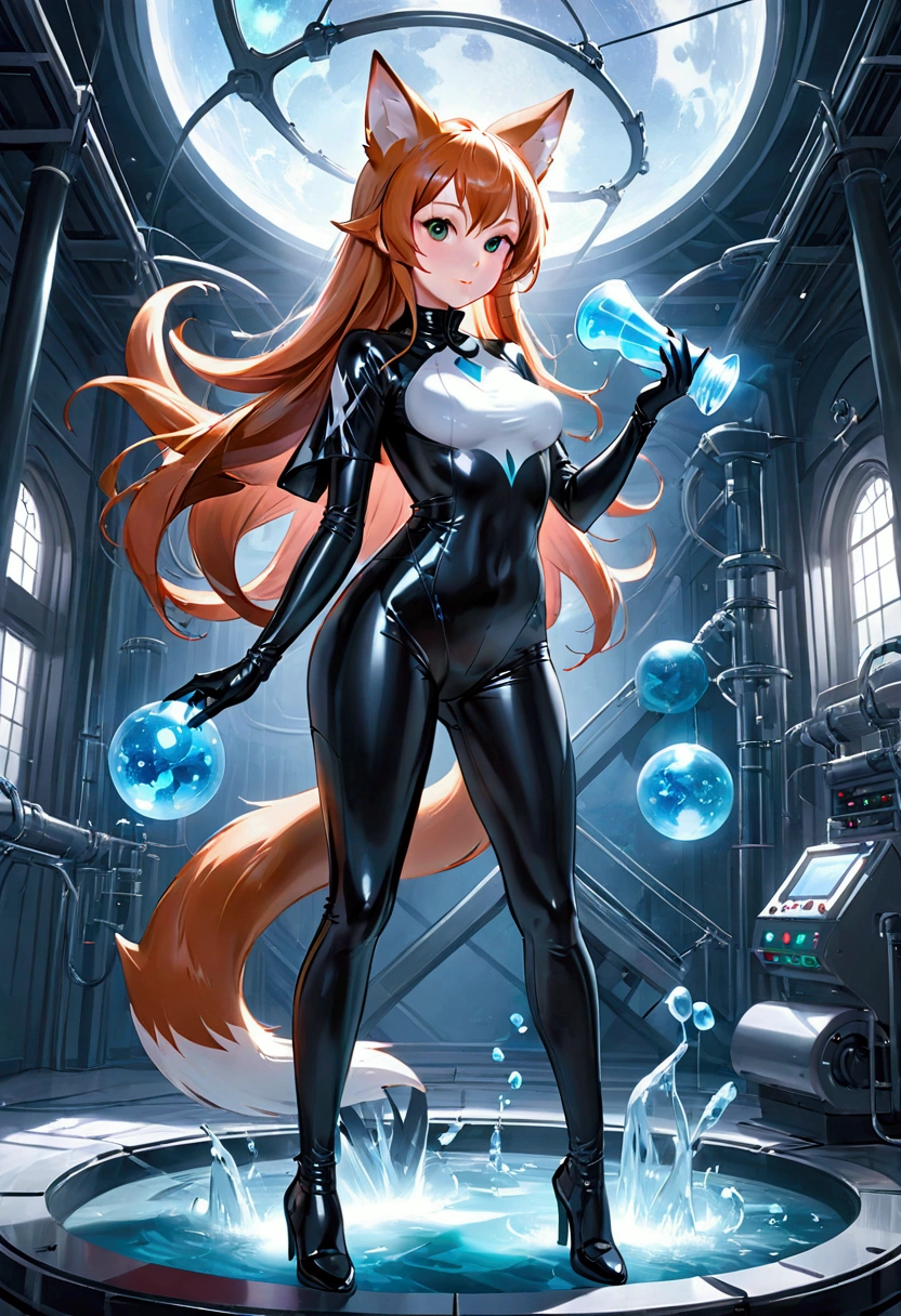 Female, Mobian, Fox, (((2D Anime Style))), (solo), (1girl), high quality digital art, red and black neon lines sketch art, black cloudy background, a dark crimson furred female anthropomorphic Fox, (((dark crimson fur))), (((VERY long and wavy dark crimson hair))), (large and long hair bangs), wispy lines, average sized breasts, (facing viewer), (((sleeping in a cryogenic chamber, floating in bright cyan liquids, sleeping))), ((WHITE zero suit)), ((white gloves)), ((WHITE high heels)), sleeping in tube/container