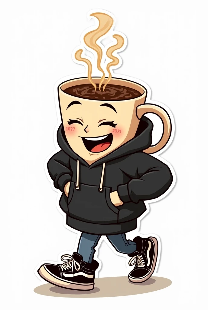 (masterpiece:1.4), (Best Quality:1.4), (High resolution:1.4), "Crea una masterpiece, sticker, adhesive, sticker, impression, illustration of a cup, based on a cartoon from the 30's, the mug is wearing streetwear clothes, a black hoodie and vans style sneakers, His expression is happiness, His attitude is security and confidence, action: He is walking happily, steam comes out of his head" the background is solid white